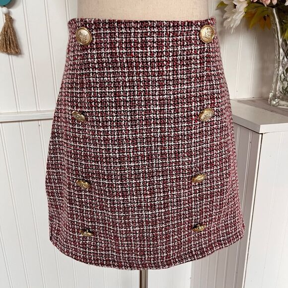 High Waist Plaid Accent Buttons Tweed Skirt - Picture 1 of 6